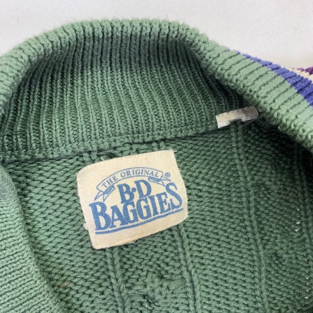 Vintage B.D. Baggies Cable Knit Sweater L/XL? V Neck Green Pullover Striped - Picture 3 of 9